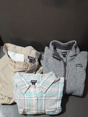 Patagonia Gray Fleece  Jacket with Mint Plaid Shirt and Khaki Jeans